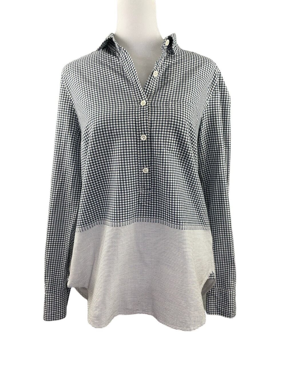J. Crew Women's 6 Gingham & Stripe Popover Top Tunic Navy Blue White Collared